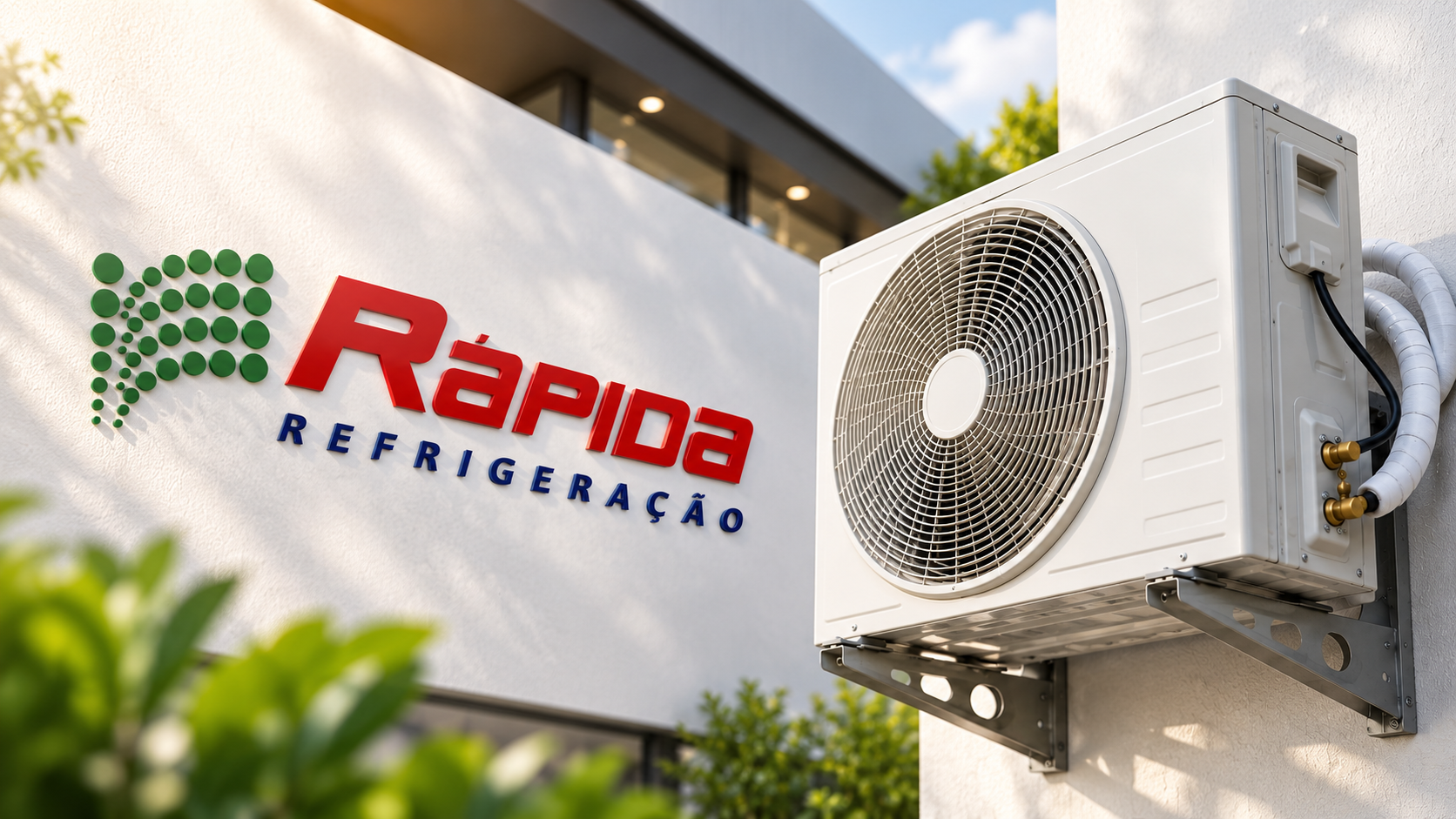 Logo da Rápida Refrigeração em parede branca ao lado de ar-condicionado